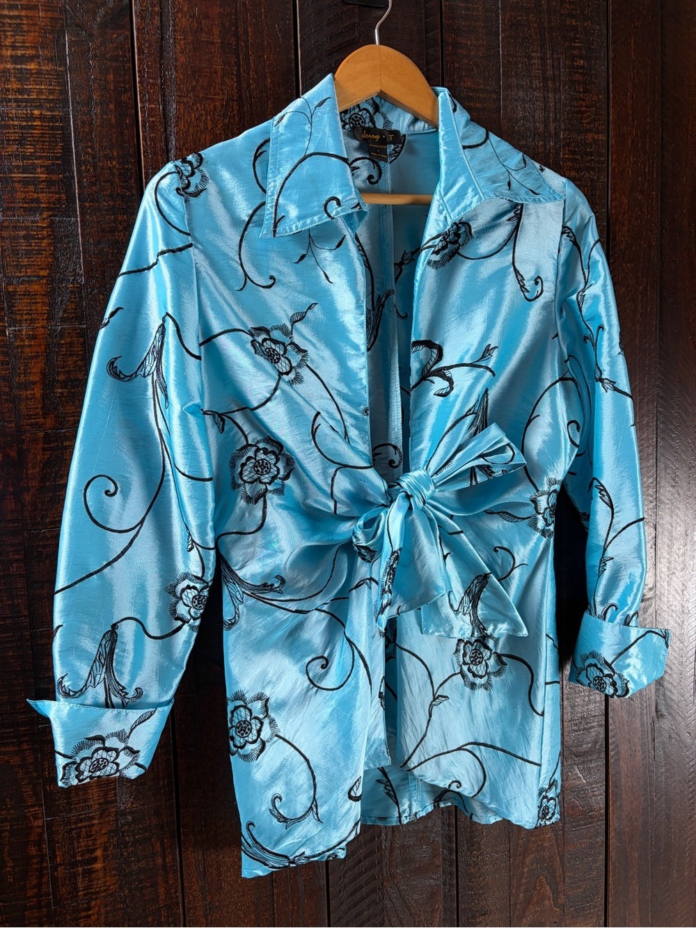 Jerry-T Blue Embroidered Satin Tie-Front Cover Up Jacket